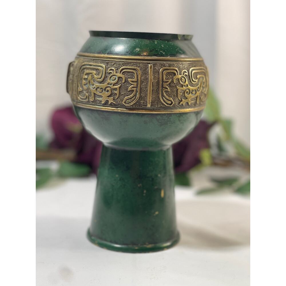 Antique Japanese Bronze Cabinet Vase - Meiji Period, Green Base with Bronze Band
